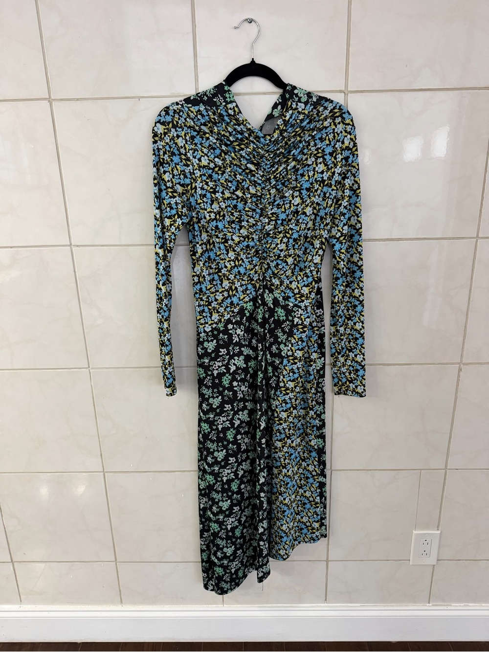 River Island Blue and Green Floral Long Sleeve Midi Dress